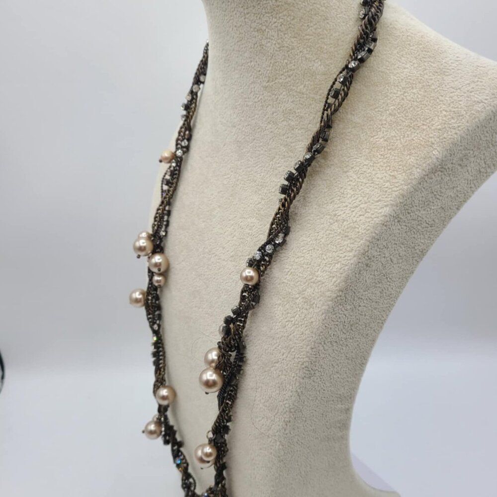 J Crew Copperish Necklace with Faux Pearls and Clear Crystals - Picture 3 of 13